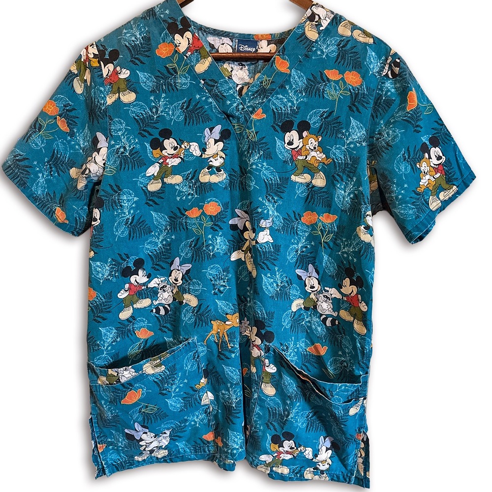 Vintage Disney Womens Scrub Top Mickey Mouse Minnie Bambi Medical Uniform Small